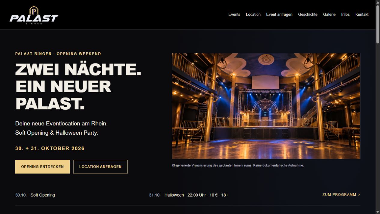 Screenshot des Kundenprojekts PALAST BINGEN mit dunklem Design und großem Bühnenmotiv